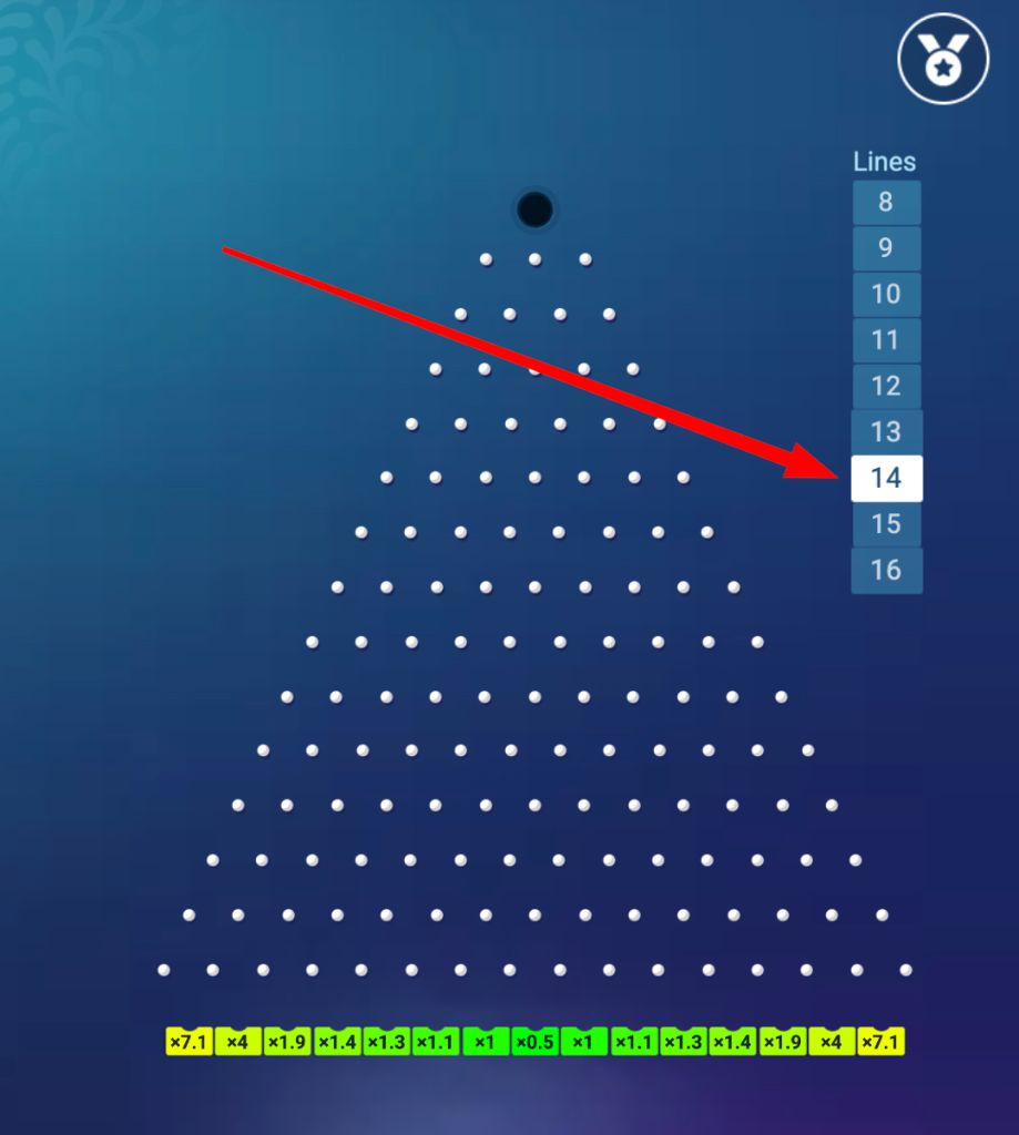 The Plinko board set to 14 lines with the line selector highlighted on the right